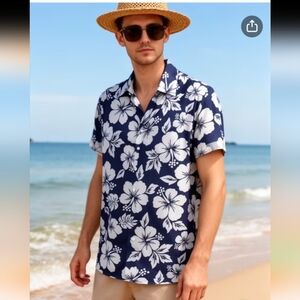 Men' Hawaiian Shirt Short Sleeve Collar Button-Front Plumeria & Hibiscus 5X